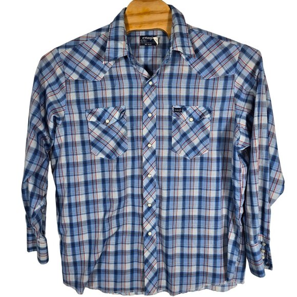Wrangler‎ Big Man 1X Pearl Snap Shirt Long Sleeve Blue Western Plaid - Picture 2 of 6